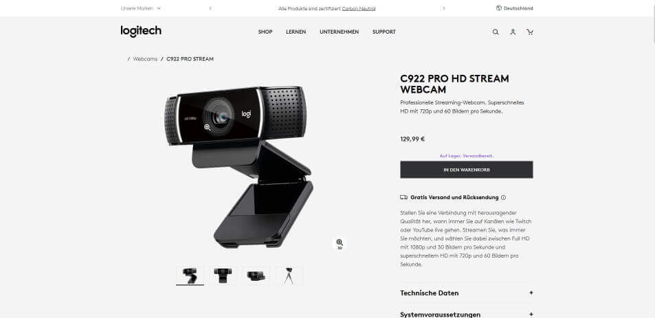 kamera fuer webinar Logitech C922 Pro Stream