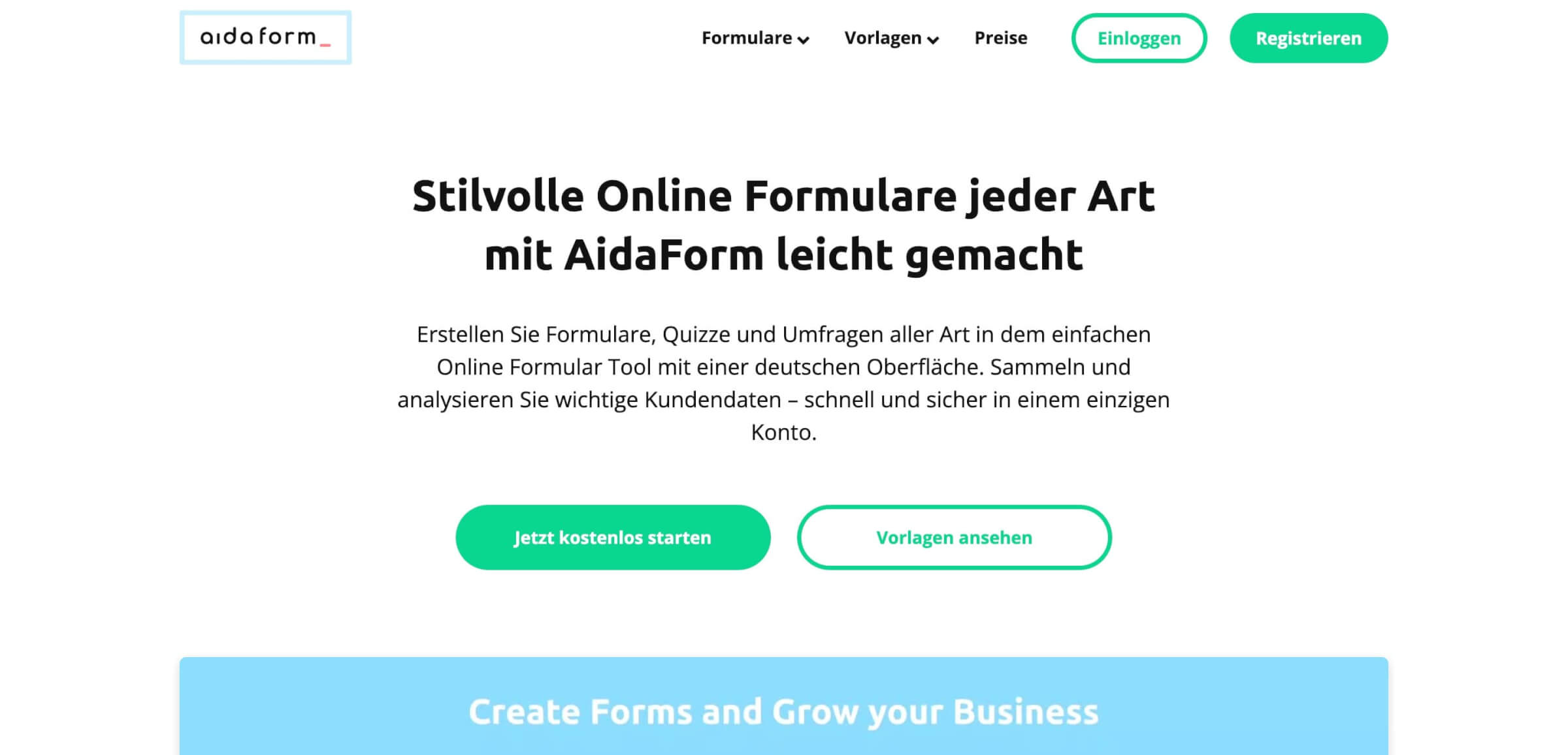 Tolle Online Formulare Erstellen Einfach Kostenlos ohne HTML AidaForm Form Builder Startseite