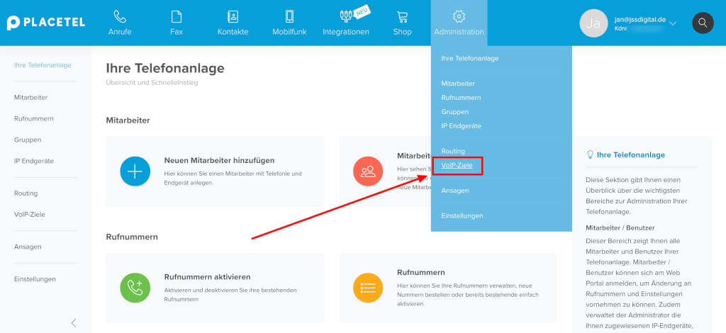 Ihre Telefonanlage Placetel VoIP Ziel einrichten