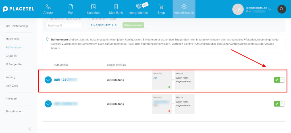 Rufnummern Placetel zuweisen