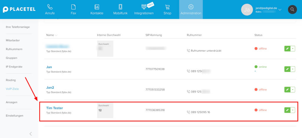 VoIP Ziele Placetel verwalten