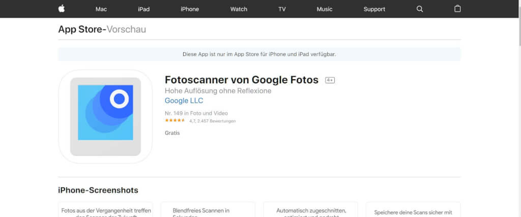 Scan Apps Fotoscanner von Google Fotos im App Store