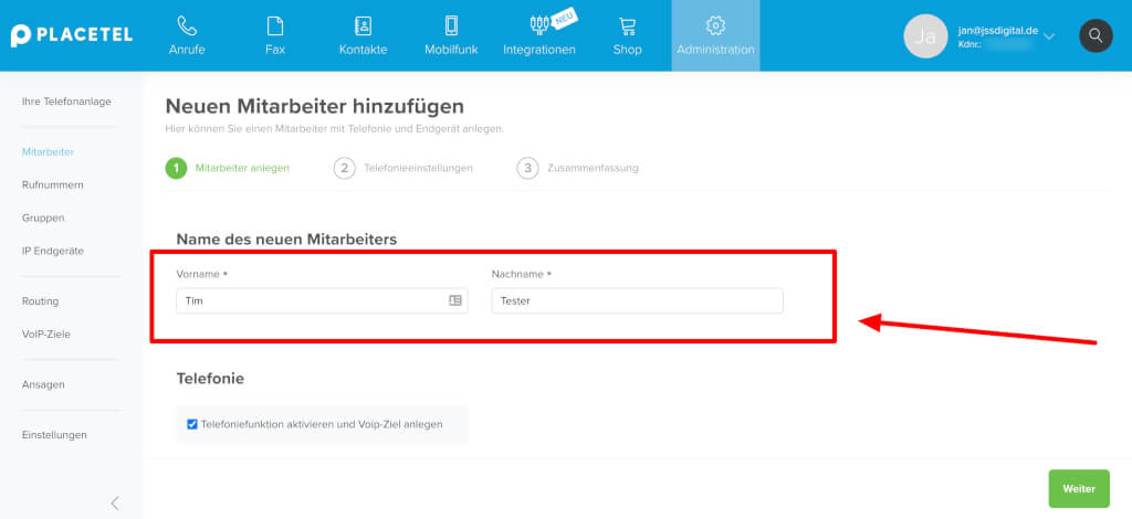 Mitarbeiter einrichten Placetel Erfahrungen