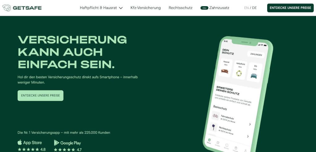 Getsafe, digitale Versicherung für Haftpflicht und Hausrat