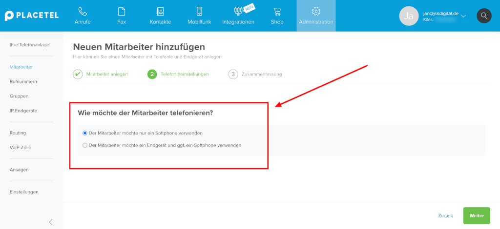 Mitarbeiter Placetel mit Softphone einrichten
