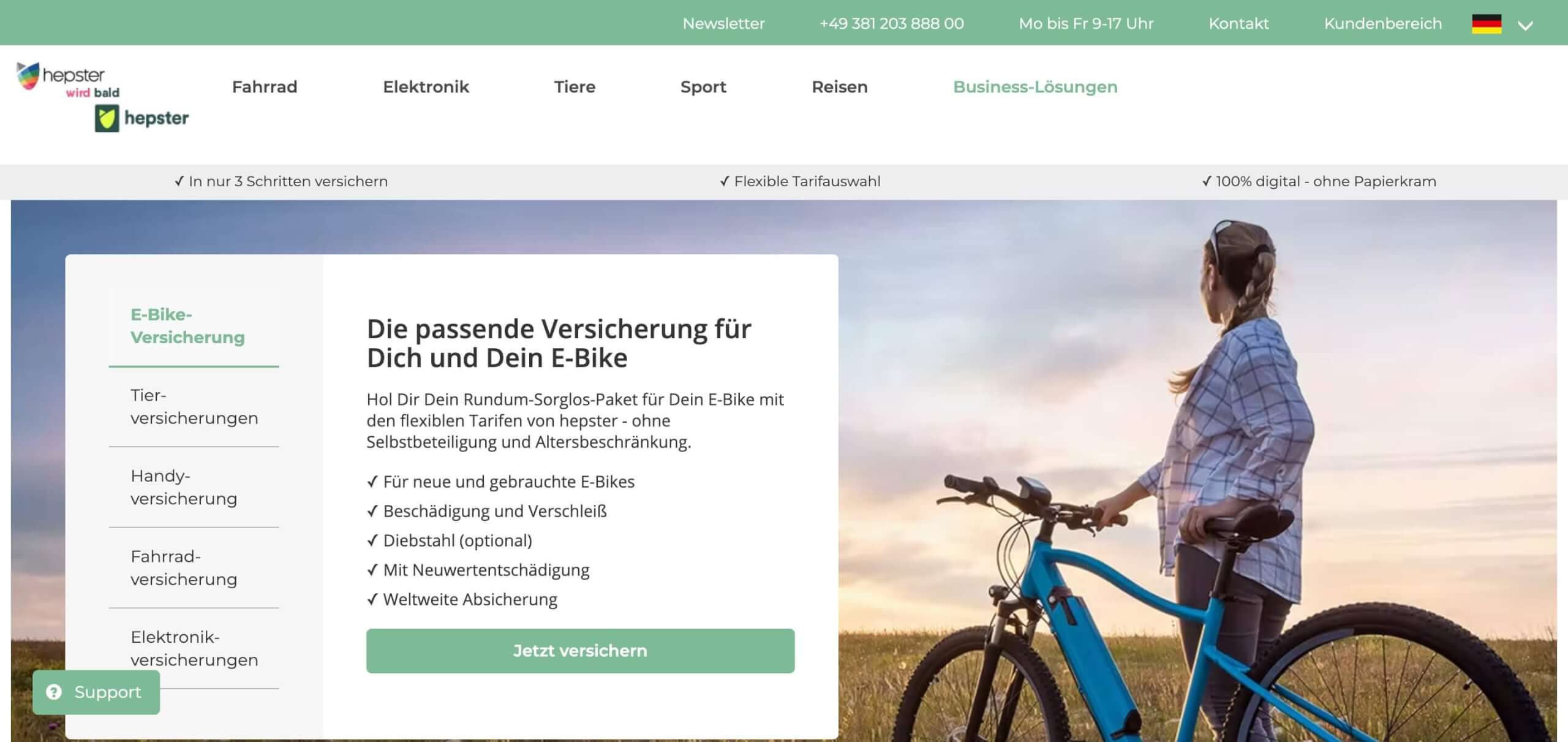 hepster, Online-Abschluss für Fahrrad, Elektronik und Haustier